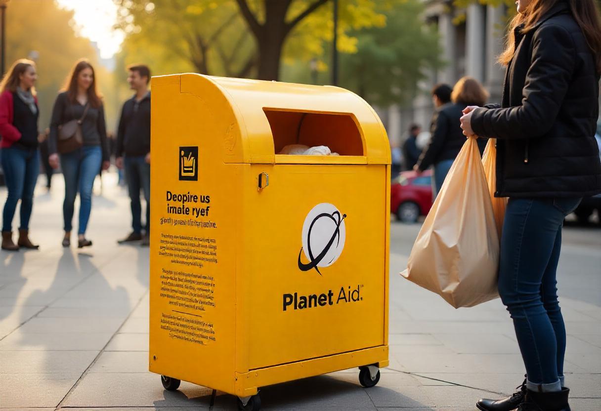 Planet Aid donation bin for clothing recycling and charity.