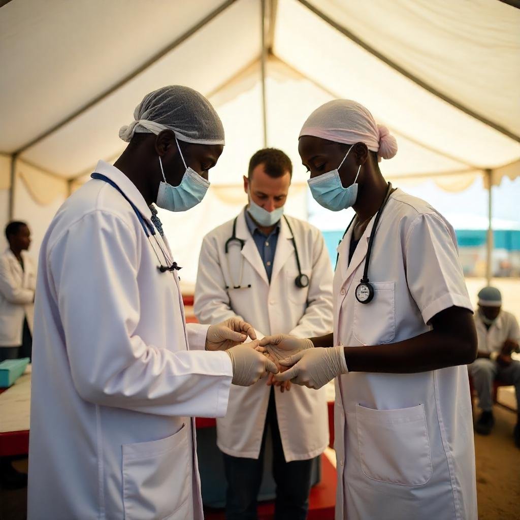 "Doctors Without Borders medical team providing emergency healthcare in a crisis zone, treating patients in a refugee camp with medical supplies and equipment."