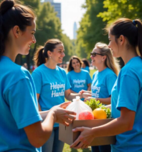 A group of volunteers wearing Helping Hands T-shirts distributing food and essential supplies to underprivileged families, symbolizing charity and support.